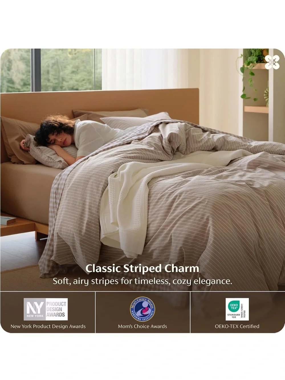 NEW Bedsure Striped Duvet Cover Set. Queen, 100% Washed Cotton. Linen‑Like. 3 PC